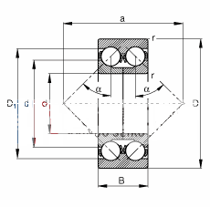 角接触球轴承 3316, 根据 DIN 628-3 标准的主要尺寸，双列，带填球槽，接触角 α = 35°