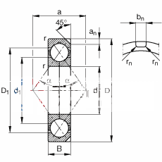 四点接触球轴承 QJ334-N2-MPA, 根据 DIN 628-4 的主要尺寸， 可以拆卸，剖分内圈，带两个止动槽