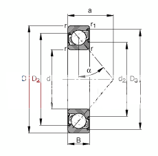 角接触球轴承 7306-B-2RS-TVP, 根据 DIN 628-1 标准的主要尺寸，接触角 α = 40°，两侧唇密封