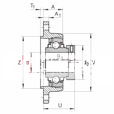 轴承座单元 RCJTZ25, 带两个螺栓孔的法兰的轴承座单元，定心凸出物，铸铁，偏心锁圈，R 型密封