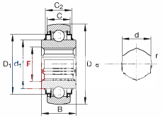 外球面球轴承 SK104-207-KRR-B-Ap2, 球面外圈，内圈带六角形孔，两侧 R 型密封